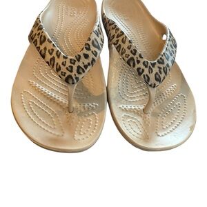 CROCS Women's Sandals with Leopard Cheetah Print Accents - Beige Tan Women's 7